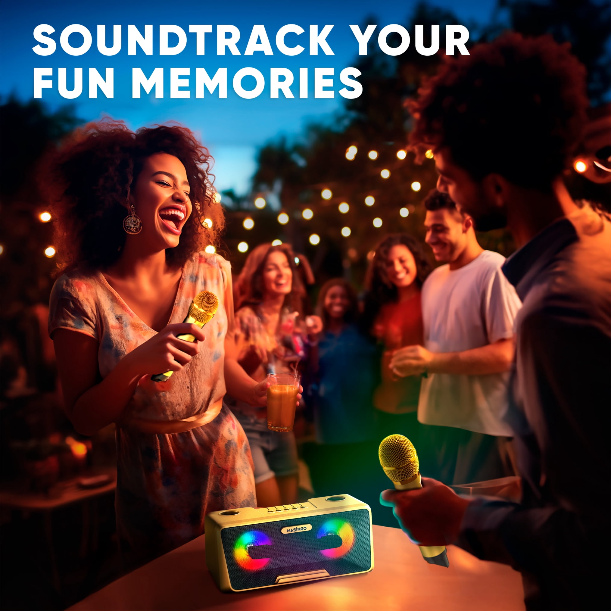 MASINGO Karaoke Machine for Adults and Kids with 2 Wireless Microphones, Portable Bluetooth Singing Speaker, Colorful LED Lights, PA System, Lyrics Display Holder & TV Cable - Presto G2 (Gold)