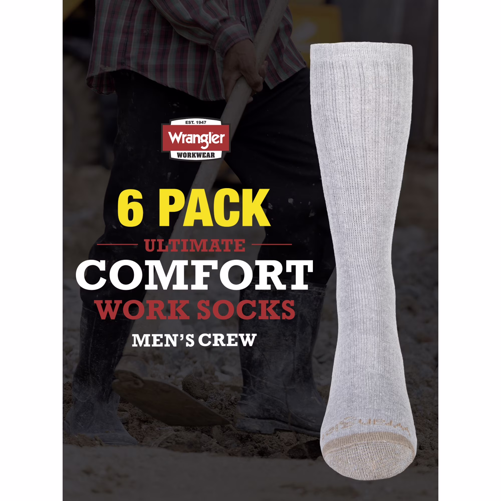 thumbnail image 5 of Wrangler Men's Ultimate Comfort Crew Socks, Work Socks for Men, Grey, 6 Pack, 5 of 5