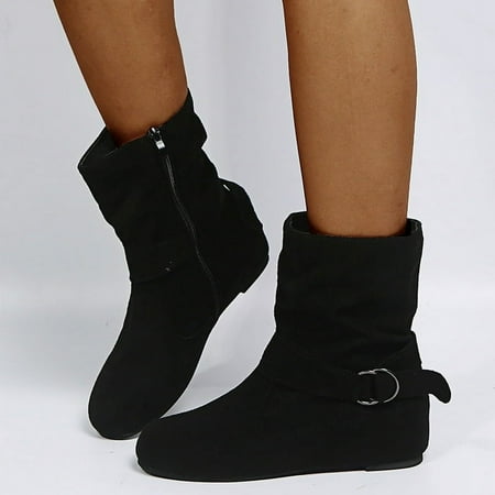 

hotio 2024 Women s Mid Calf Boots Fashion Slouch Flat Ankle Boots Fashion Comfortable Buckled Boots Winter Round Toe Wide Width Mid Calf Boots Flat Heel Booties