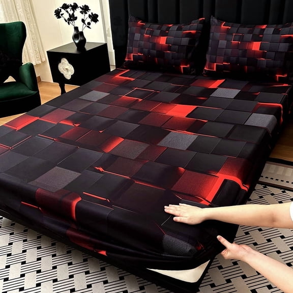 3PCS Fitted Sheet Set, Deep Pocket, Tech Grid Pattern, Soft, For Bedroom & Dorm(Red,Twin)