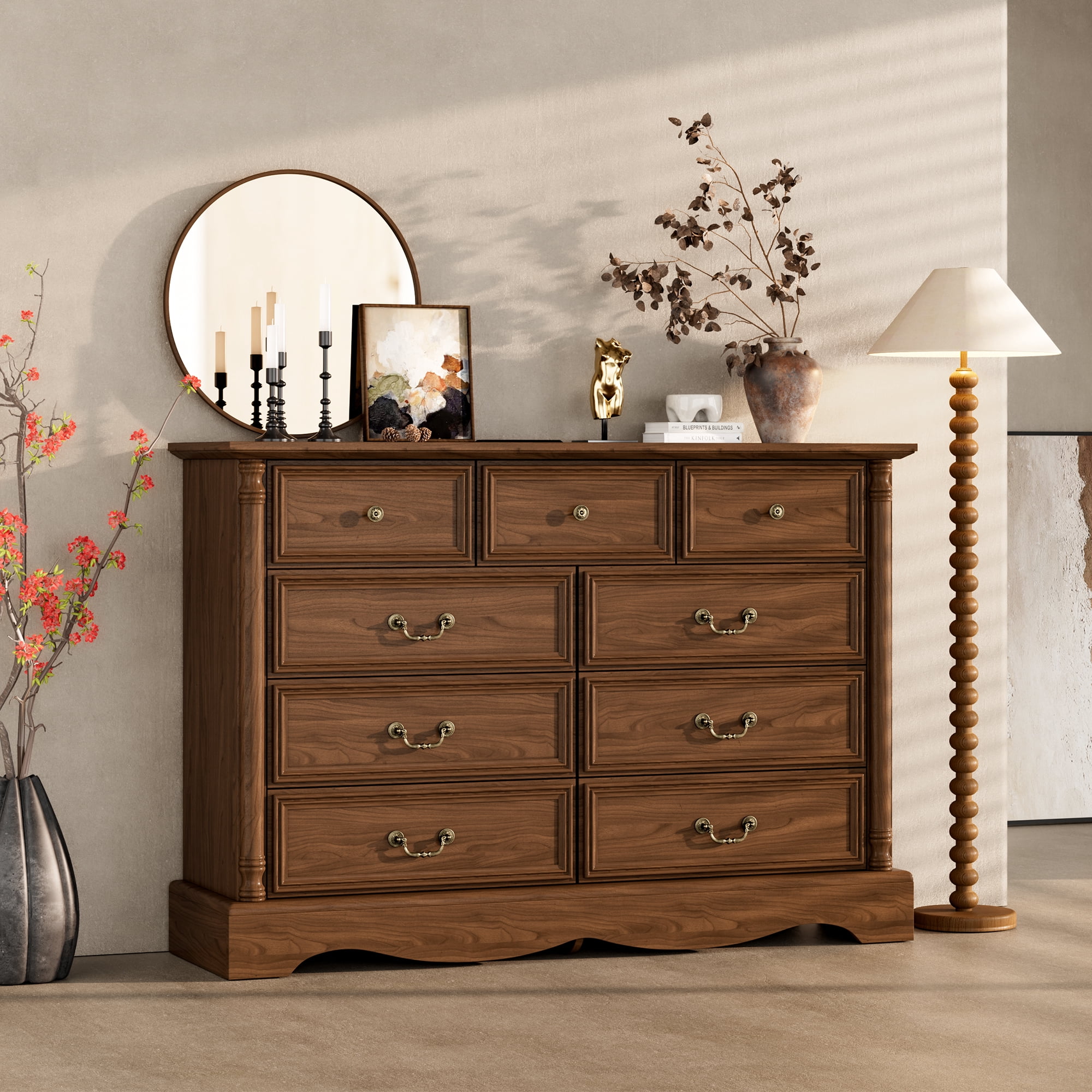 ZBOM 9 Drawer Dresser, 54 Inch Wide Farmhouse Style Chest of Drawers with Charging Station, Distressed Finish Design, Modern Storage Dresser Organizer TV Stand for Bedroom, Living Room，Brown