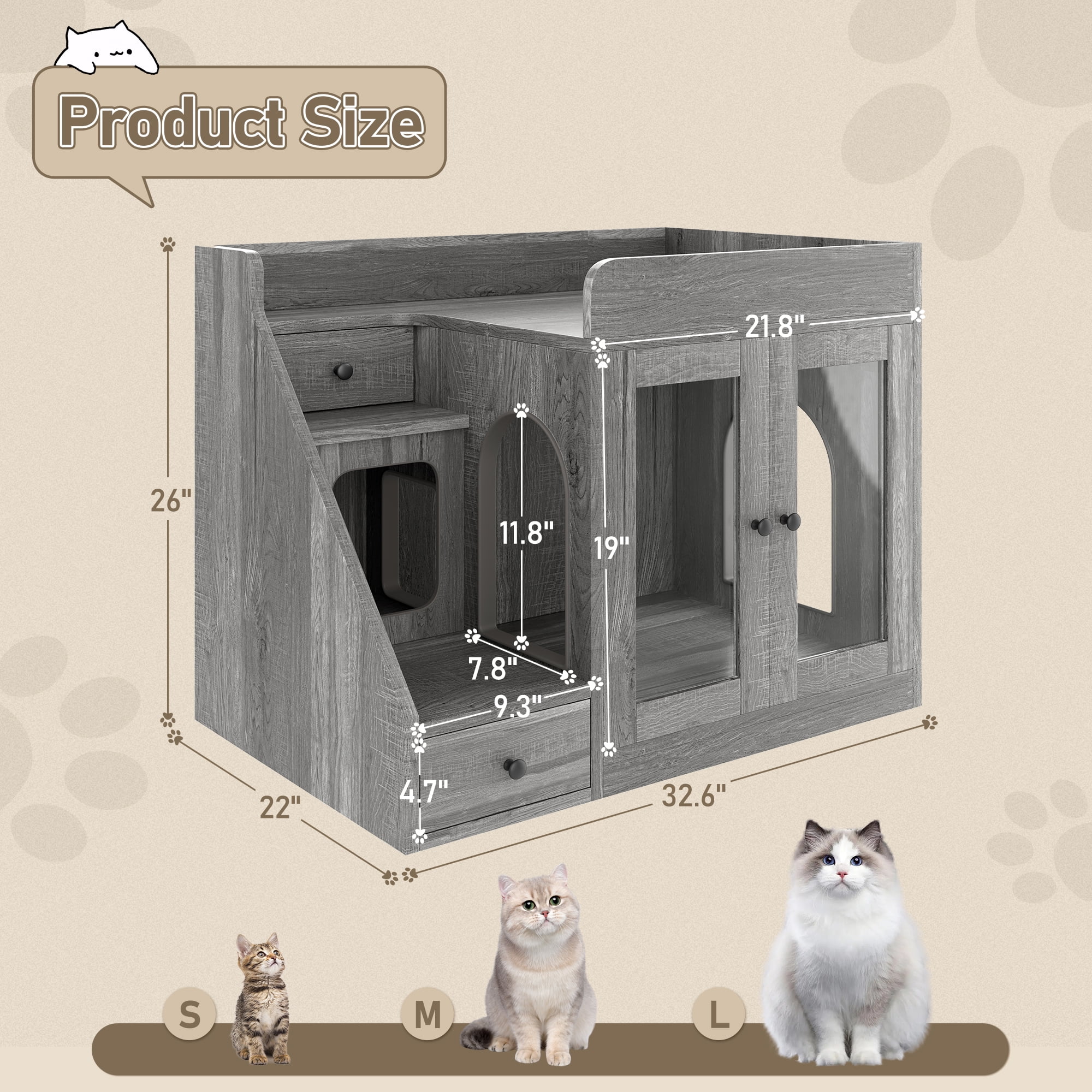 Aukfa Cat Litter Box Enclosure with LED Light and 2 Storage Drawers for Living Room,Gray