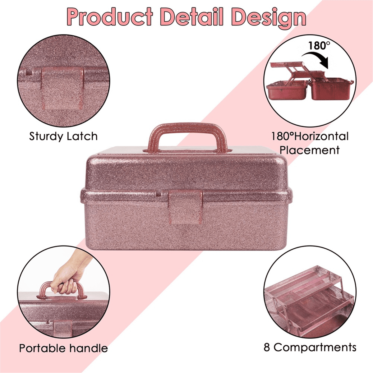 Glitter Pink & Craft Tool Storage Box,3-Layer Stackable Carry Tackle Box Sewing Organizer for Art