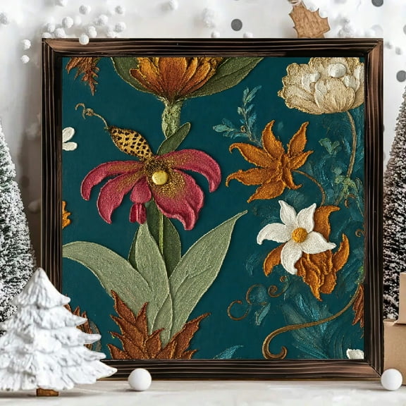 8x8 Inch Framed Square Wood Panel Wall Art, Teal Background Embroidered Floral Tapestry Style Painting for Home Living Room Decor 1pc