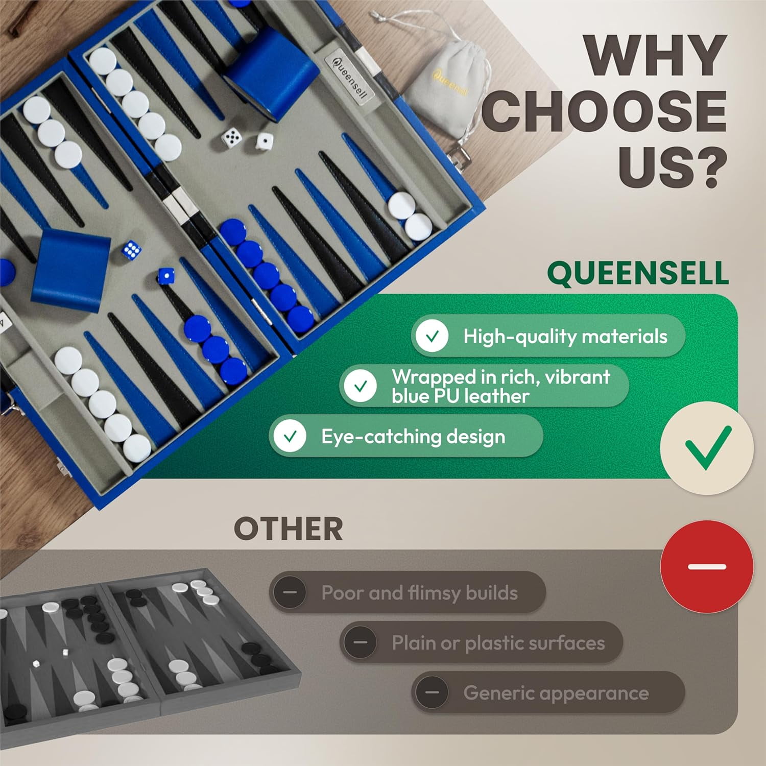 Queensell Backgammon Board Game Set – 15 inch Blue PU Leather for Adults