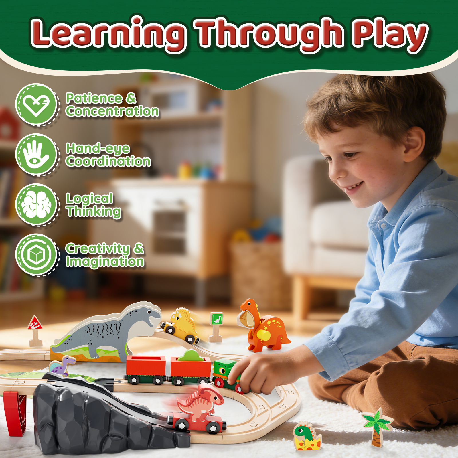 KWANITHINK Wooden Dinosaur Train Set with Tracks photo 2
