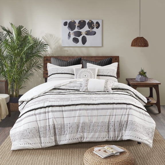 INK IVY Adult Nea Full/Queen Cotton Comforter Set with Tufted Trims, Bedroom Update, Hidden Bar Tacks - Black/White