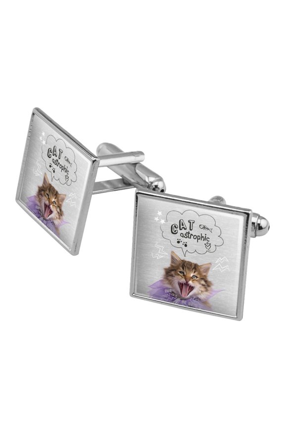 So Cute Cat Kitten Catastrophic Square Cufflink Set - Silver or Gold