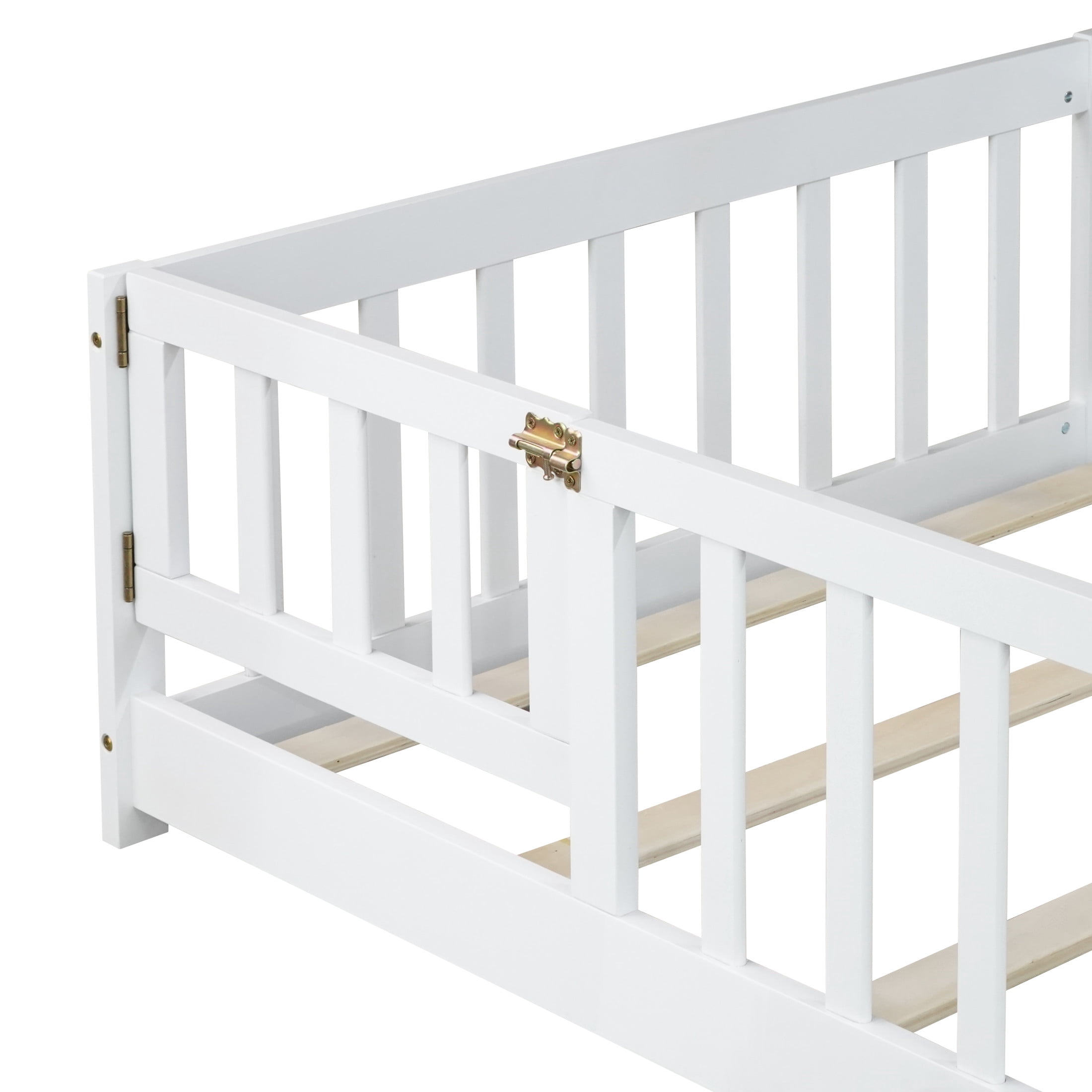 Noble House Mira Twin Floor Bed with Fence and Door, Sturdy Rubber Wood Montessori Bed Frame, Kid's Room, White