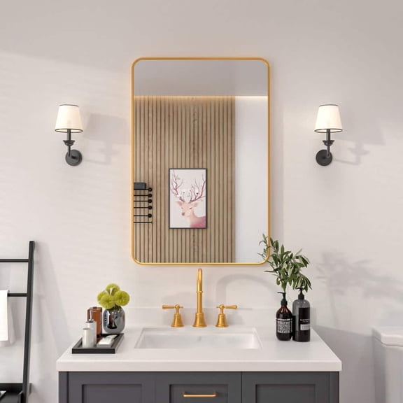Mirstory 20.2"x 28.3" Wall Mirror Rectangle Rounded Corner Hanging Vanity Mirror,Gold