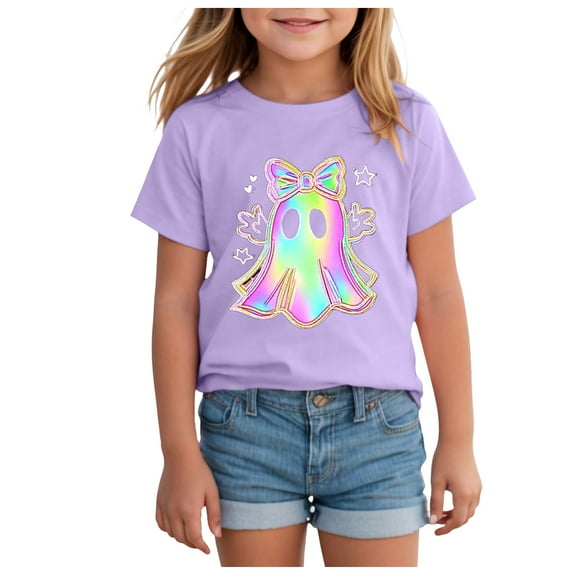 Staki Girls Halloween Shirts Halloween T-Shirt for Girls Cotton Short Sleeve Tee for Girls(Purple,2-3 Years)