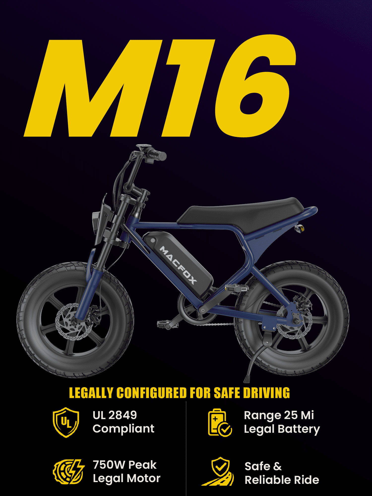 MACFOX M16 Teen Electric Bike, 500W Motor, 20 MPH Top Speed, 25-Mile Range, 16"x4.0" Fat Tires, Removable 48V/10.4Ah Battery, Fits Riders 3'11" and Above