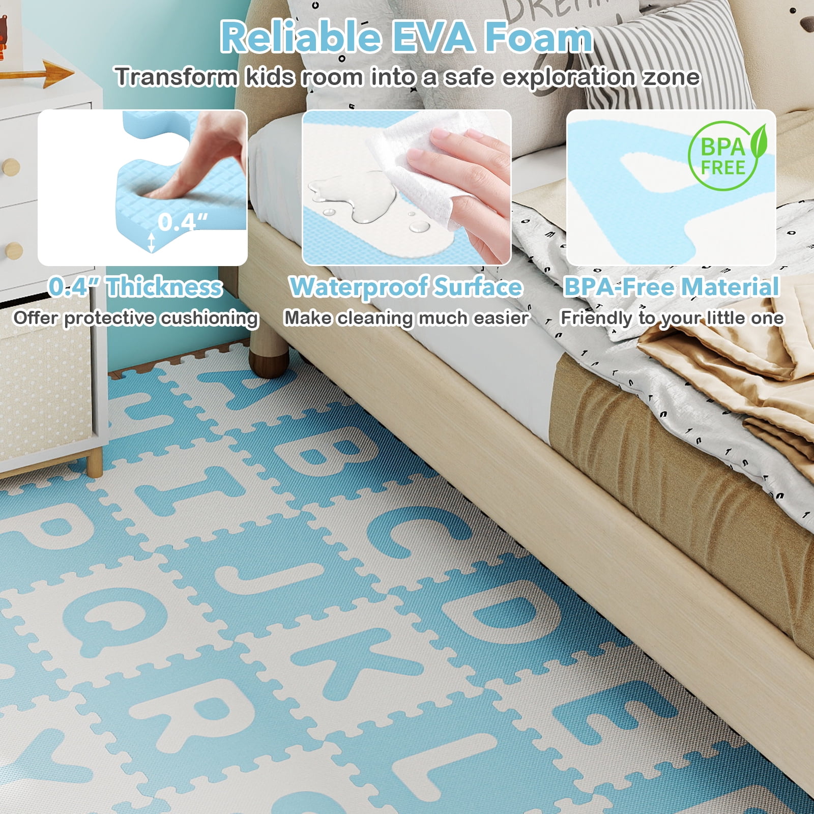 Gymax 26 PCS 12 5'' x 12 5'' Interlocking ABC Play Mats w/Detachable Letters for Kids Blue & White