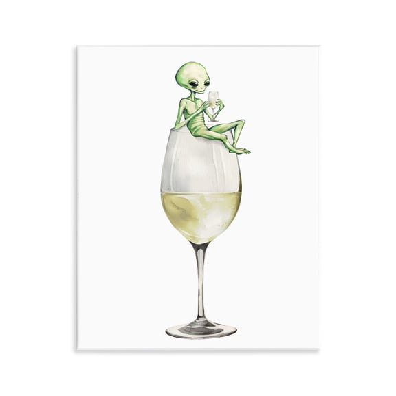 Stupell Industries Alien Perched on Champagne Glass Food & Beverage Painting Unframed Art Print Wall Art, 11 x 14