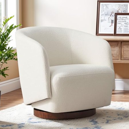 Boucle Swivel Accent Chair, No Assembly Upholstered Armchair with Rubberwood Base, 360° Rotating Barrel Chair for Living Room, Bedroom, Apartment & Reading Nook (1, Beige)