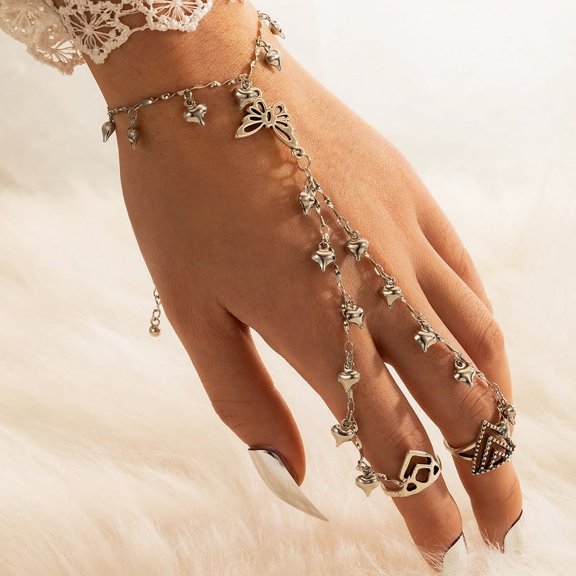 Womens Bohemian Bracelet Finger Set Heart Shape Alloy Metal Design Butterfly Tassel Jewelry and Geometric Pattern