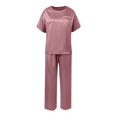 thumbnail image 4 of AOMPMSDX Womens Satin Silky Pajama Set Short Sleeve Shirt With Long Pajama Pant Set Soft PJ Loungewear Light XL, 4 of 5