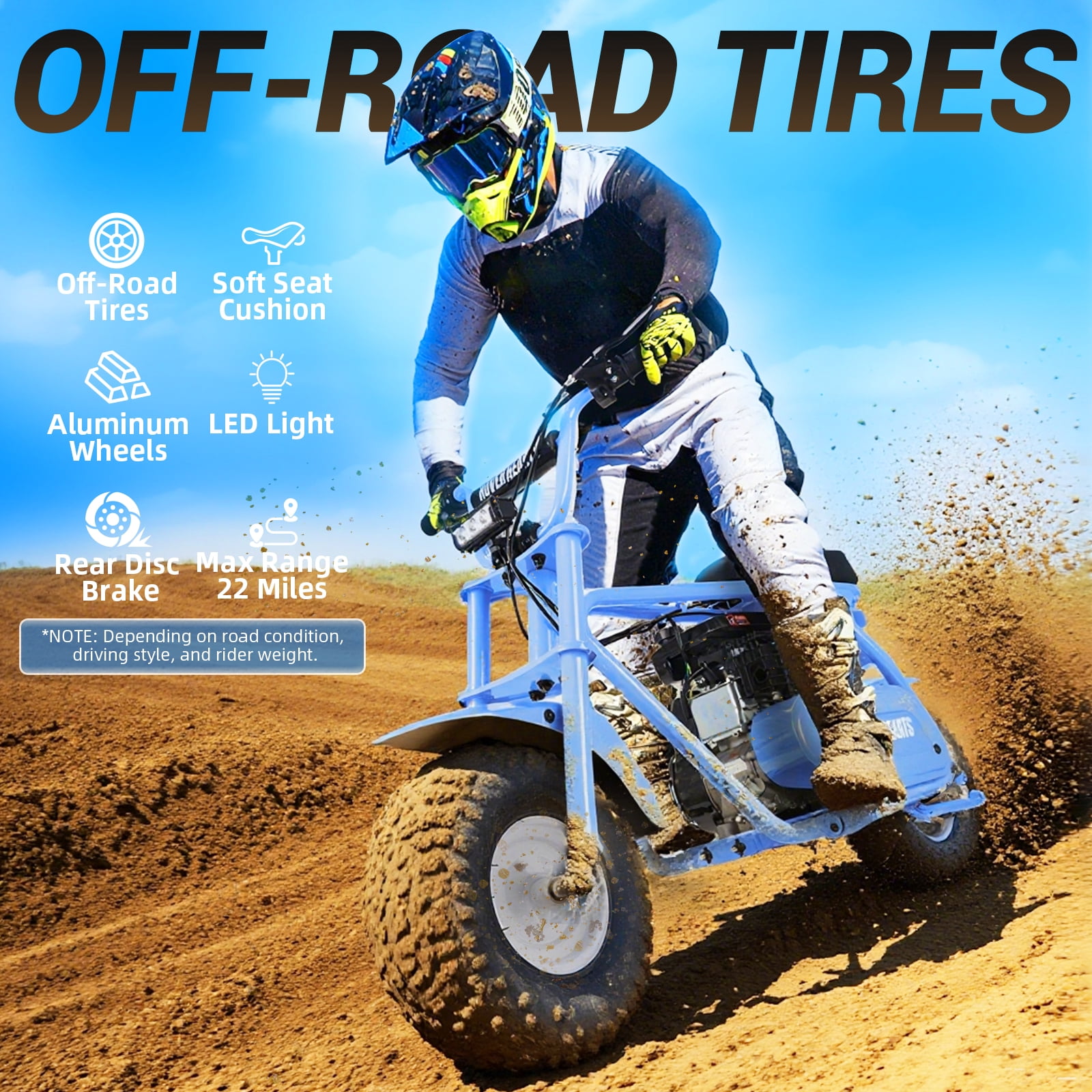 HOVERHEART Gas Mountain Bike, 105cc 4-Stroke Gas Powered Off Road Motorcycle (Model-MB001) with Led Lights, Disc Brake, Max Load 200Lbs, Up to 30Kph, NO OIL MIX REQUIRED