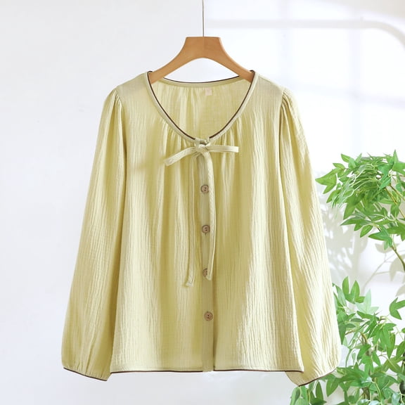 Uootdi Tie Front Long Sleeve Tops for Womens V Neck Linen Gift Shirts Bow Top Long Bell Sleeve Blouses Cute Going Out