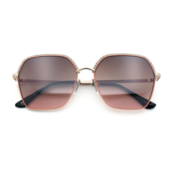 Womens Bling Rhinestone Brow Trim Rectangle Butterfly Metal Rim Sunglasses Gold Coral - Brown