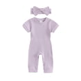 thumbnail image 1 of Gupgi Summer Newborn Girls Rib Romper 0-9 Months Baby Short Sleeve Solid Color Jumpsuit with Headband, 1 of 9