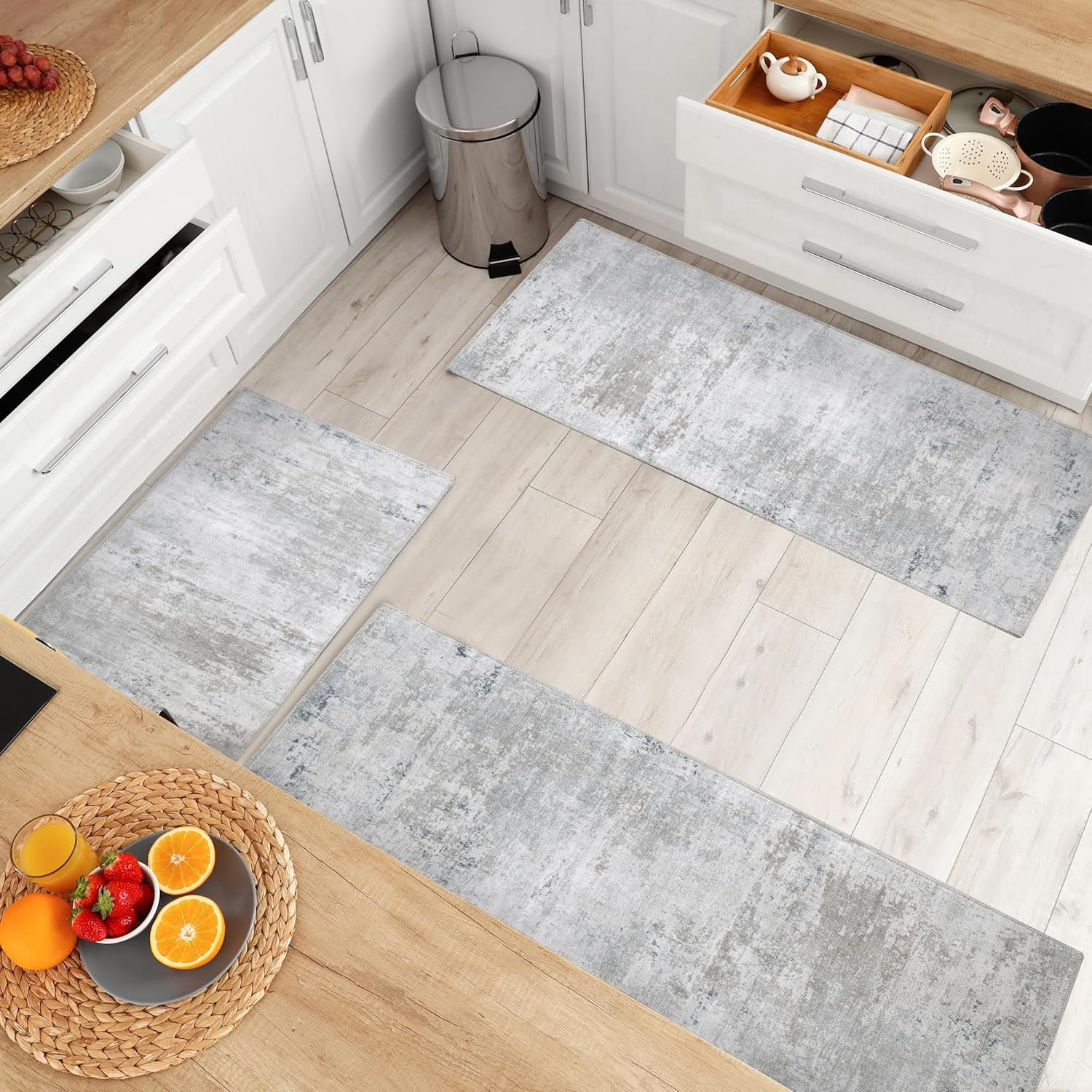 Washable Non Slip Kitchen Rugs Set of 3,Modern Abstract 3 Piece Kitchen Mats for Floor,Absorbent Carpet for Kitchen,Soft Low Pile Kitchen Runner Rug for Sink,Laundry,Washroom,Brown