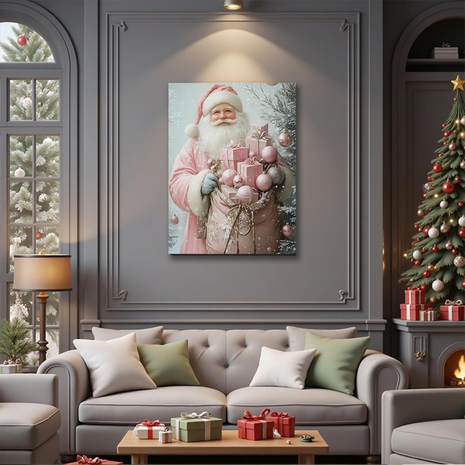 Pink Christmas Canvas Wall Art, Santa Elegant Pictures for Girls Bedroom And Festive Party Wall Decorations, Christmas Gift for Womens, Framed Painting Ready to Hang