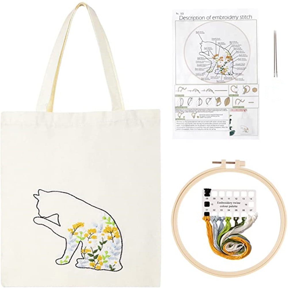  bunquax Black Canvas Tote Bag Embroidery Kit for Beginners,  with Pattern and Instruction Include Embroidery Bag with Flower Pattern,  Bamboo Embroidery Hoops, Color Threads and Tool (Black)