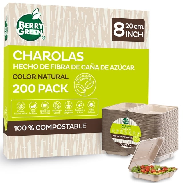 200 Platos Contenedores Charolas Desechables Almeja Biodegradables 8x8'' Berry Green Compostables