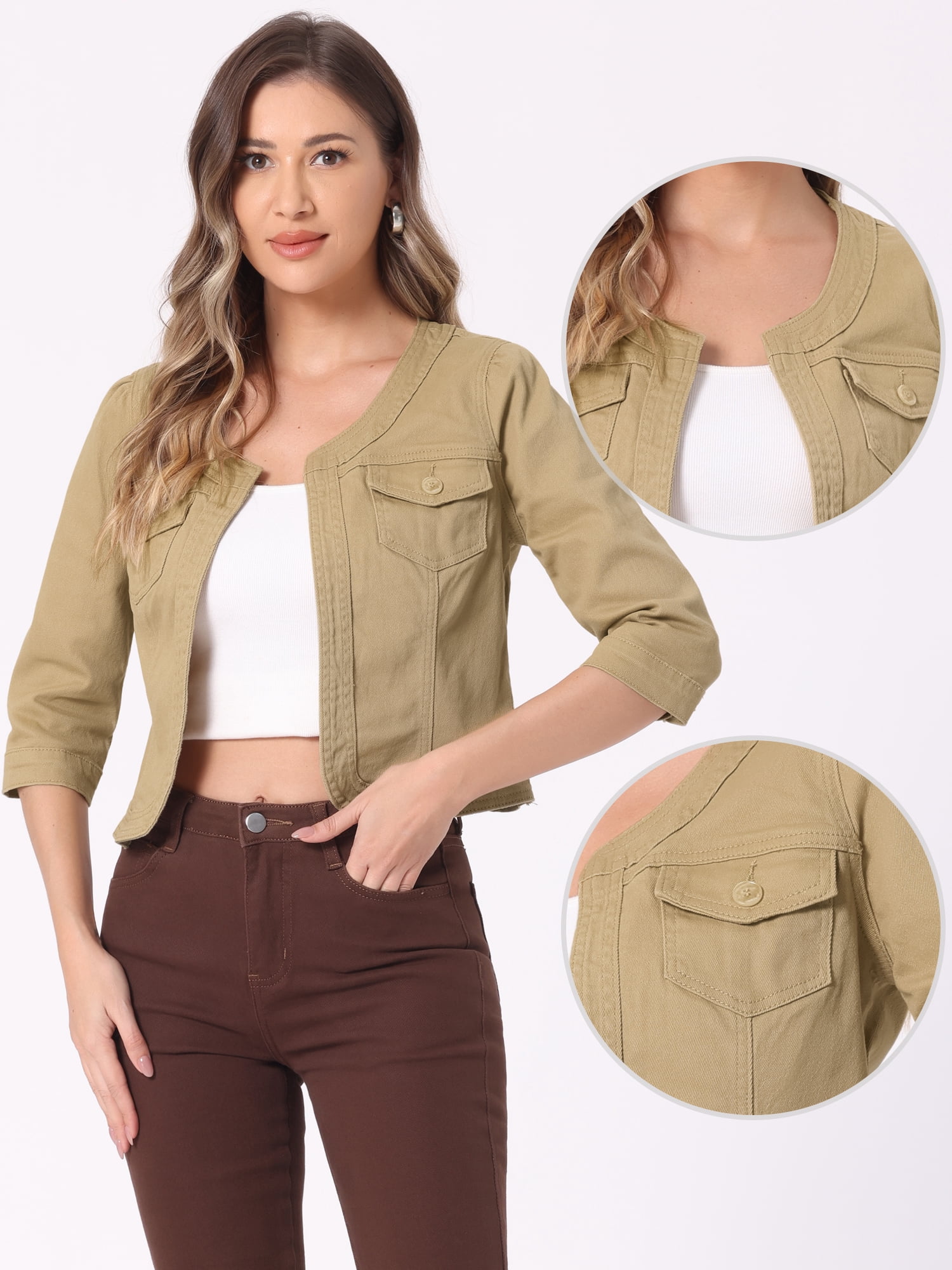 DARING DIVA Women's Collarless 3/4 Sleeve Open Front Denim Jacket XL Khaki