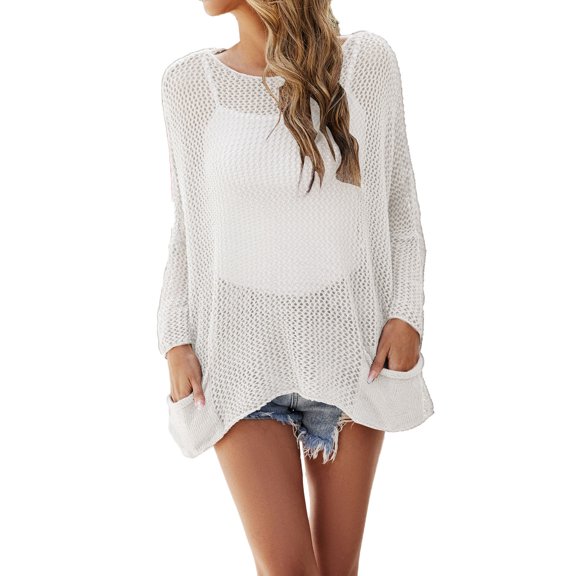 SELONE Women White Bathing Suit Cover up Knitted Crochet Cardigans Long Sleeve Cutout Swimwear Short Clothes L
