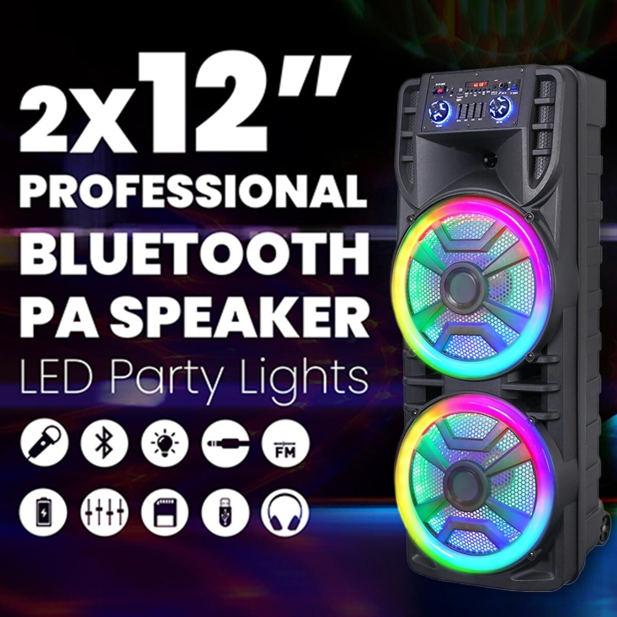 Lohoms Dual 12-in Woofer Bluetooth Speaker With Mic Portable Party PA Sound System RGB