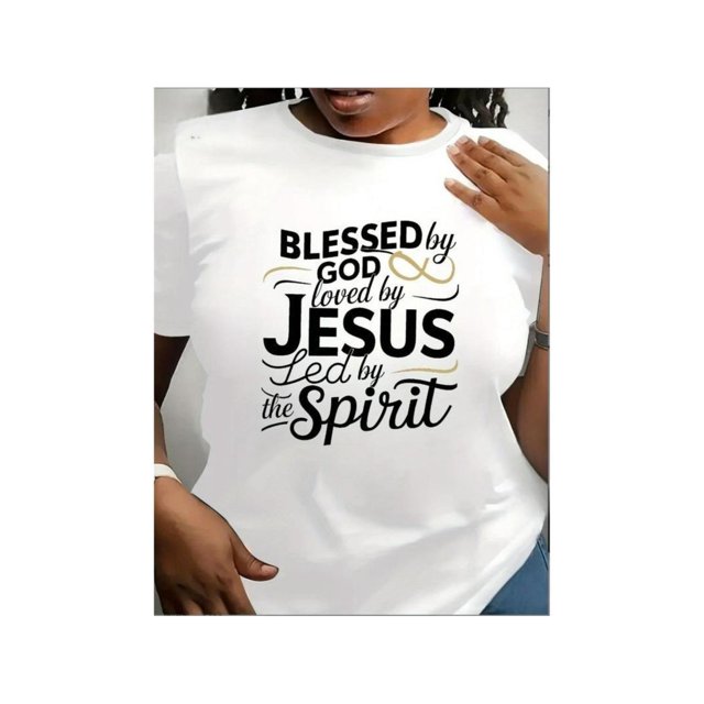 Plus Size Women's T-Shirt - Comfort Fit, Short Sleeve, Round Neck with inspirational " by God" Print in Black & Golden - Machine Washable, Smooth Fabric, all-Season Casual Wear, everyday Clothing