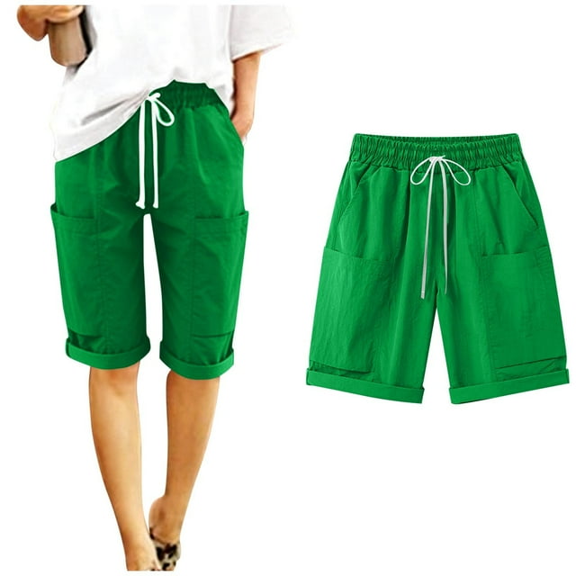 Pantalon Capri Cargo à Cordon pour Femmes, Poignets Roulés, Décontracté, Été, Voyage, Randonnée, Shorts avec Poches, Vert, m