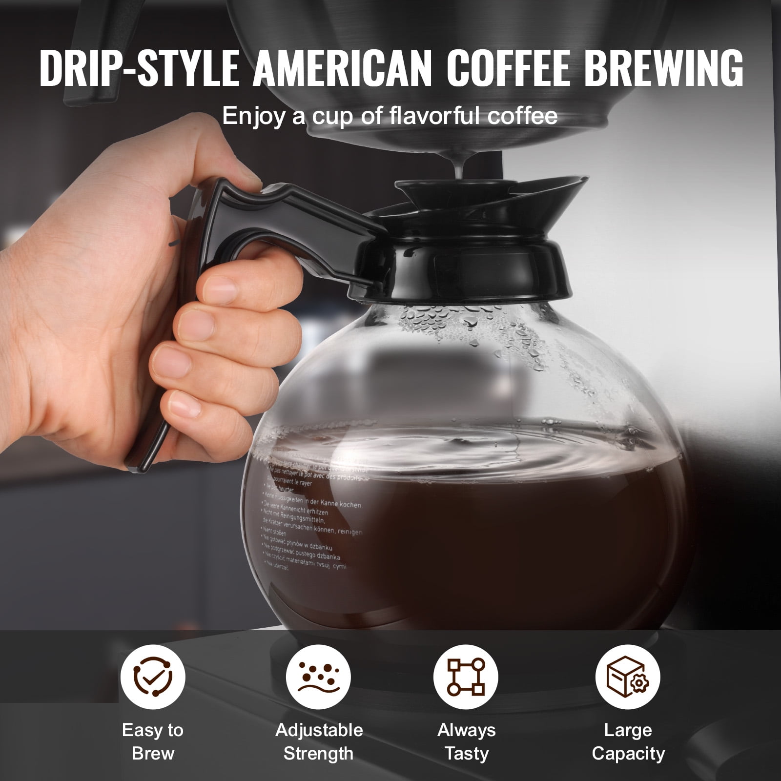 KFFKFF Commercial Drip Coffee Maker, 12-Cup Machine with 4 Glass Carafes and 4 Warming Plates, Stainless Steel Brewer for Restaurants, Offices, Cafes, and Homes