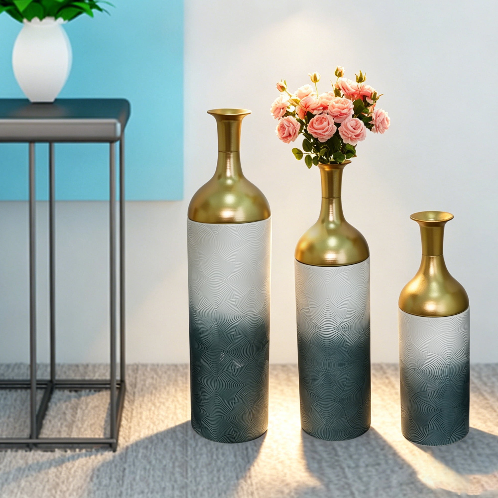 Leumius Decorative Metal Vases Set of 3, Gold Leaf Pattern Floor Vases, Antique Grey White Tall Vases for Home Decor, Living Room Entryway Decor