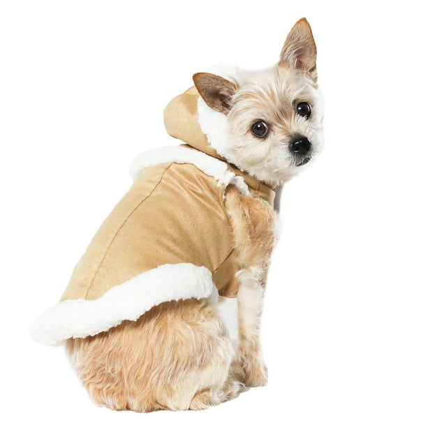 Vibrant Life Dog Clothes Tan Faux Suede Hooded Jacket with Sherpa