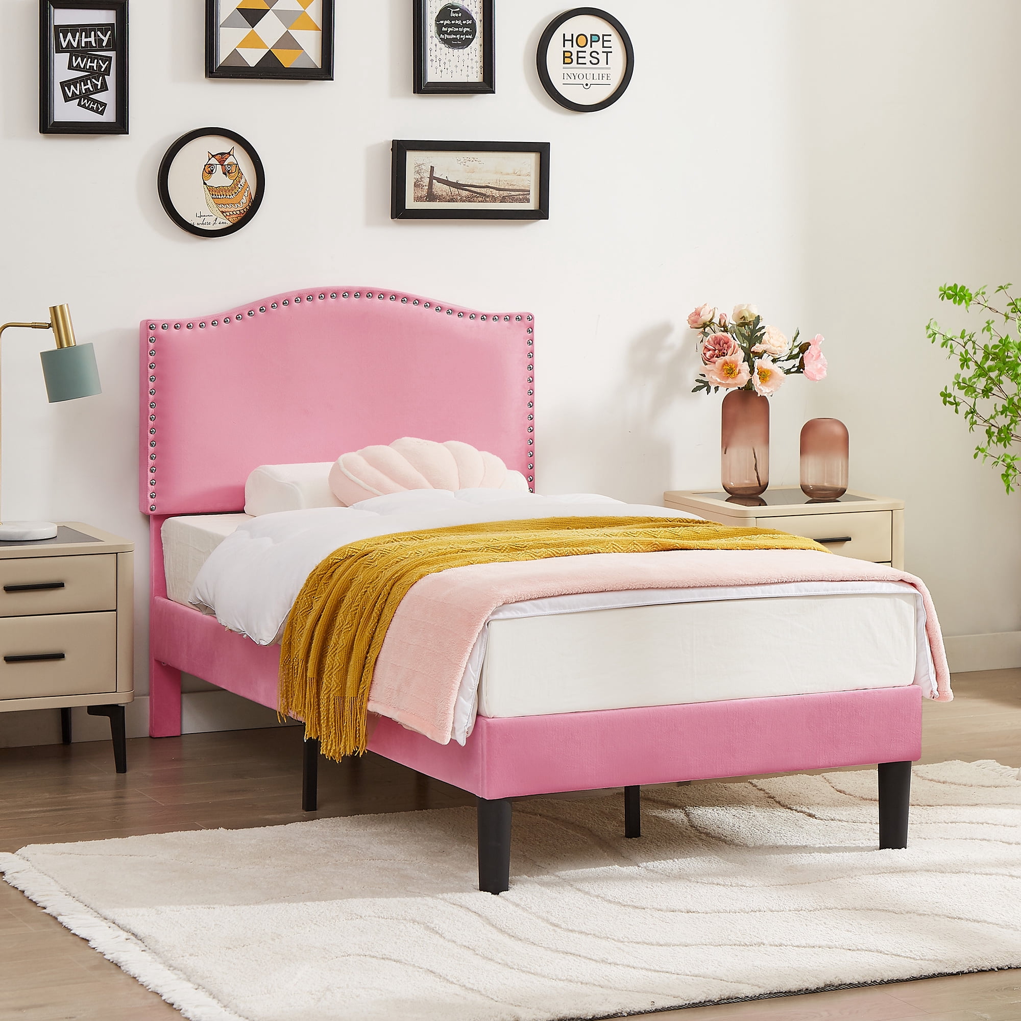 VECELO Twin Bed Frame, Nailhead Trim Upholstered Platform Bed with Adjustable Headboard, Wooden Slats Support/No Box Spring Needed, Pink
