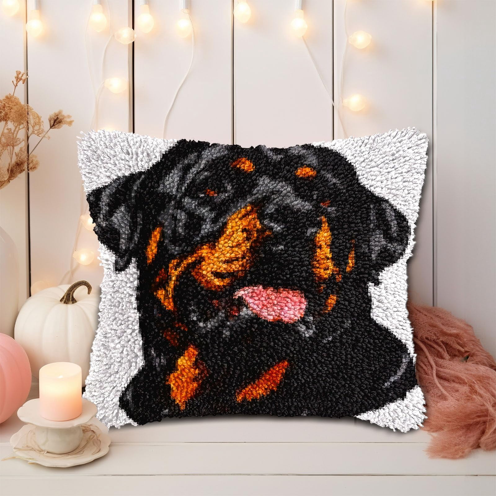 Black Dog Rottweiller DIY Latch Hook Pillow Kits for Adults Printed Pillowcase Crochet Yarns Hooking Handmade Pillow Cover Cushion for Home Sofa Decoration 17x17inch(1)