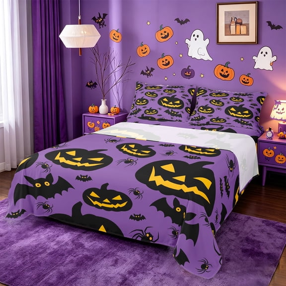 Homewish Spooky Halloween Pumpkin Lantern Bed Sheets,Bat Spider Silhouette Print Full Size Sheets,4pcs,1 Flat Sheet,1 Fitted Sheet and 2 Pillowcases