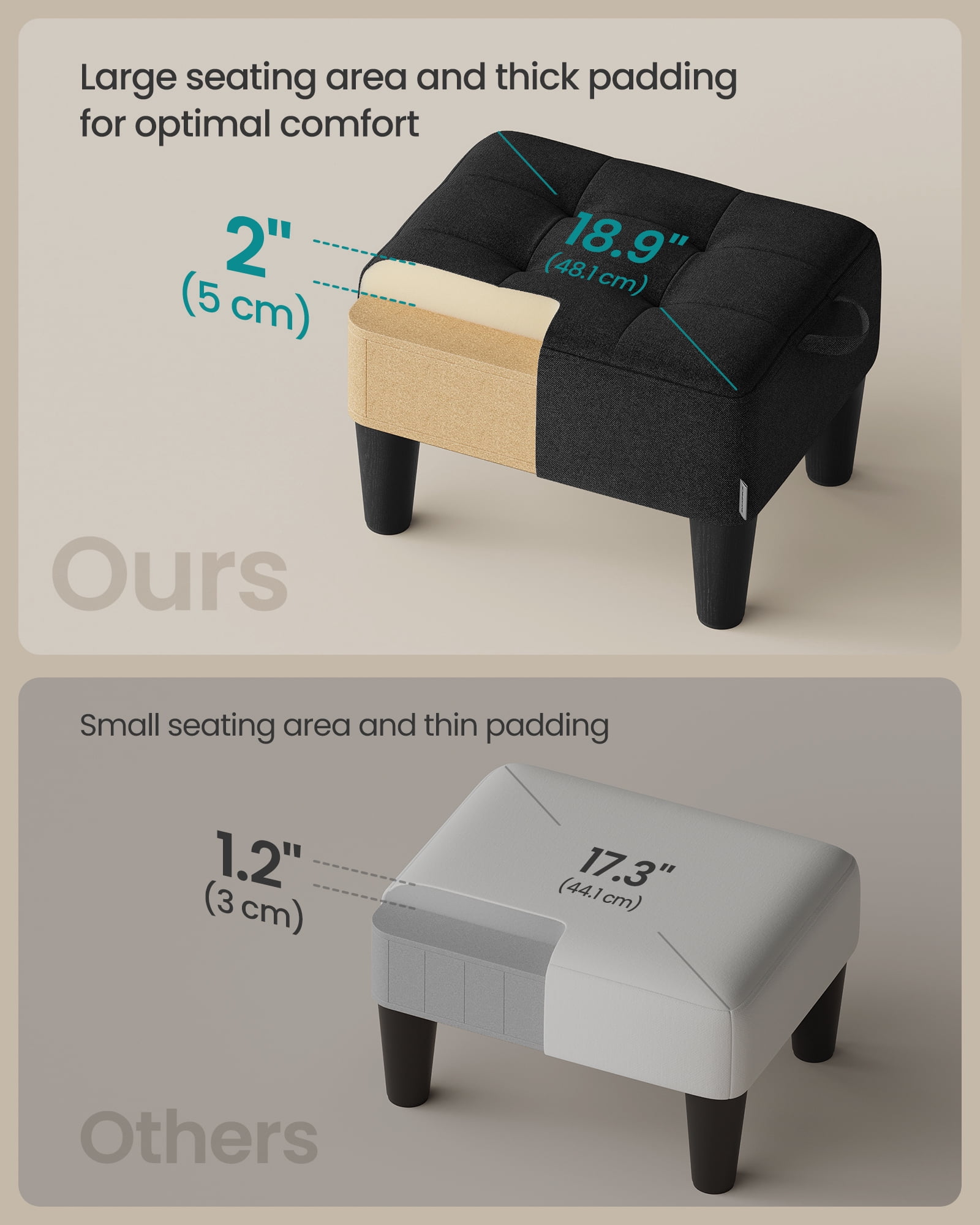 Foot Stool Ottoman with Legs - Linen-Look Fabric, 330 lb Capacity, Hidden Storage, for Living Room/Bedroom, Ink Black