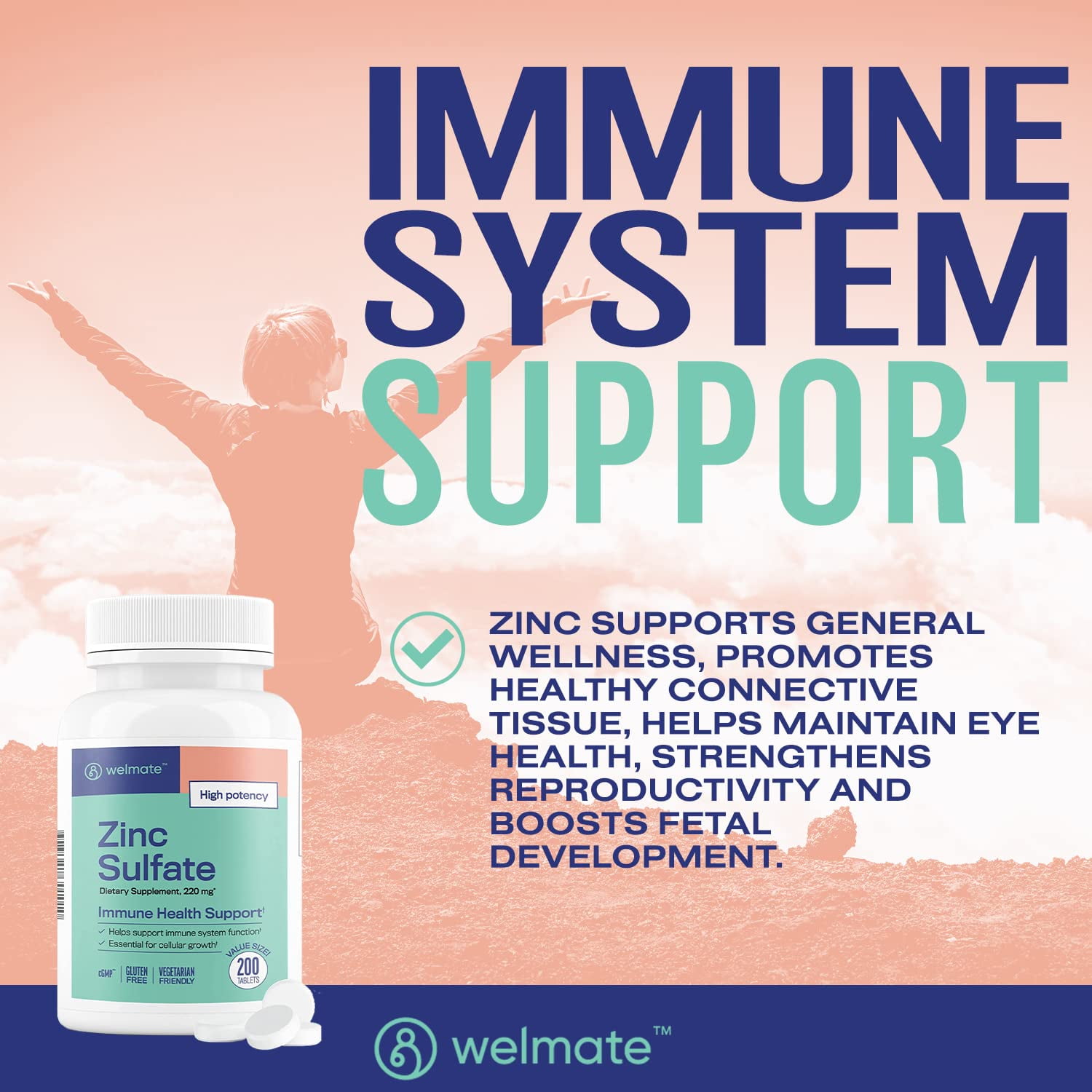 (2 pack) WELMATE Dietary Supplement, Zinc(as Zinc Sulfate) 50mg Immune Health Support - 200 Tablets