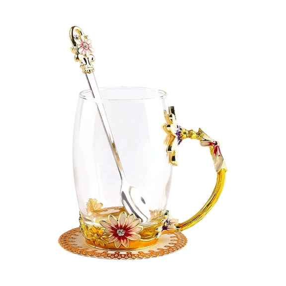 Specollect 2 Pcs Enamel Flower Lead-Free Glass Coffee Mug with Spoon, Elegant Rose Design, Safe for Hot/Cold Drinks, Valentine's Christmas Gifts for Women 350ml