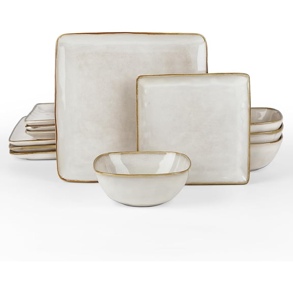 12-Piece Dinnerware Set for 4 with Plates and Bowls Reactive Glaze Finish Microwave and Dishwasher Safe Scratch Resistant Cappuccino White