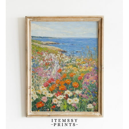 Coastal Wildflowers Wall Art, Neutral Summer Landscape, Vintage Colorful Floral Poster, Summer Decor, 8x12 UNFRAMED