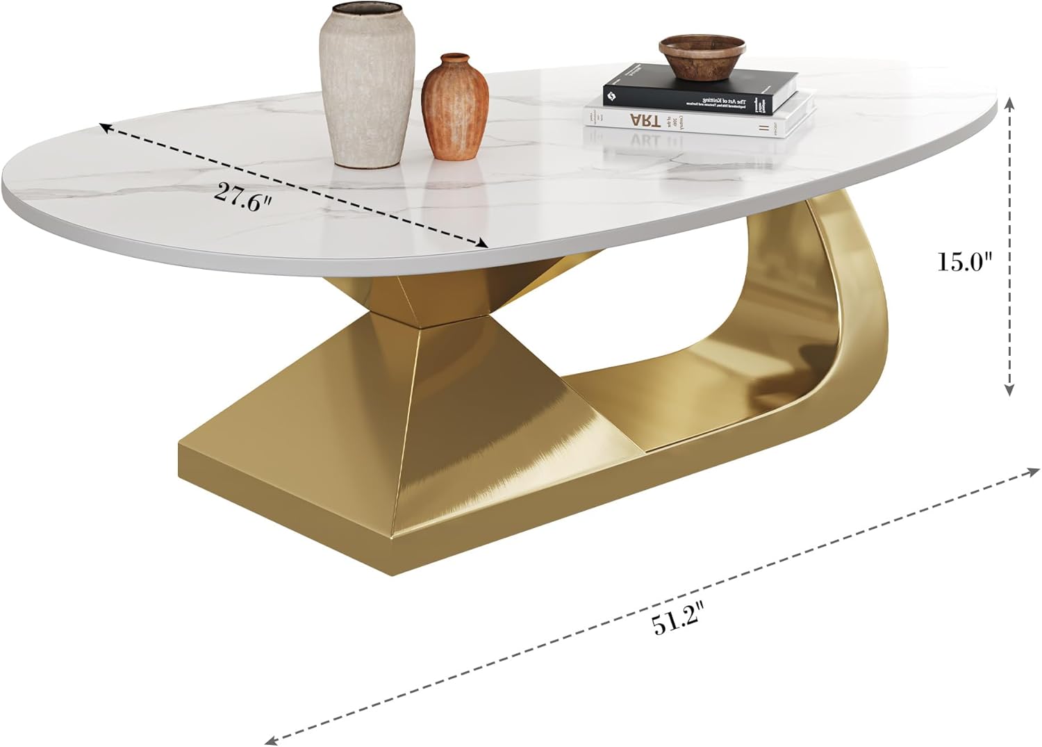 Tabaray Modern Oval Coffee Table Luxury Sintered Stone Top Coffee Table with Sculptural Geometric Stainless Steel Base,Mid-Century Marble Grain Center Table for Living Room,Gold