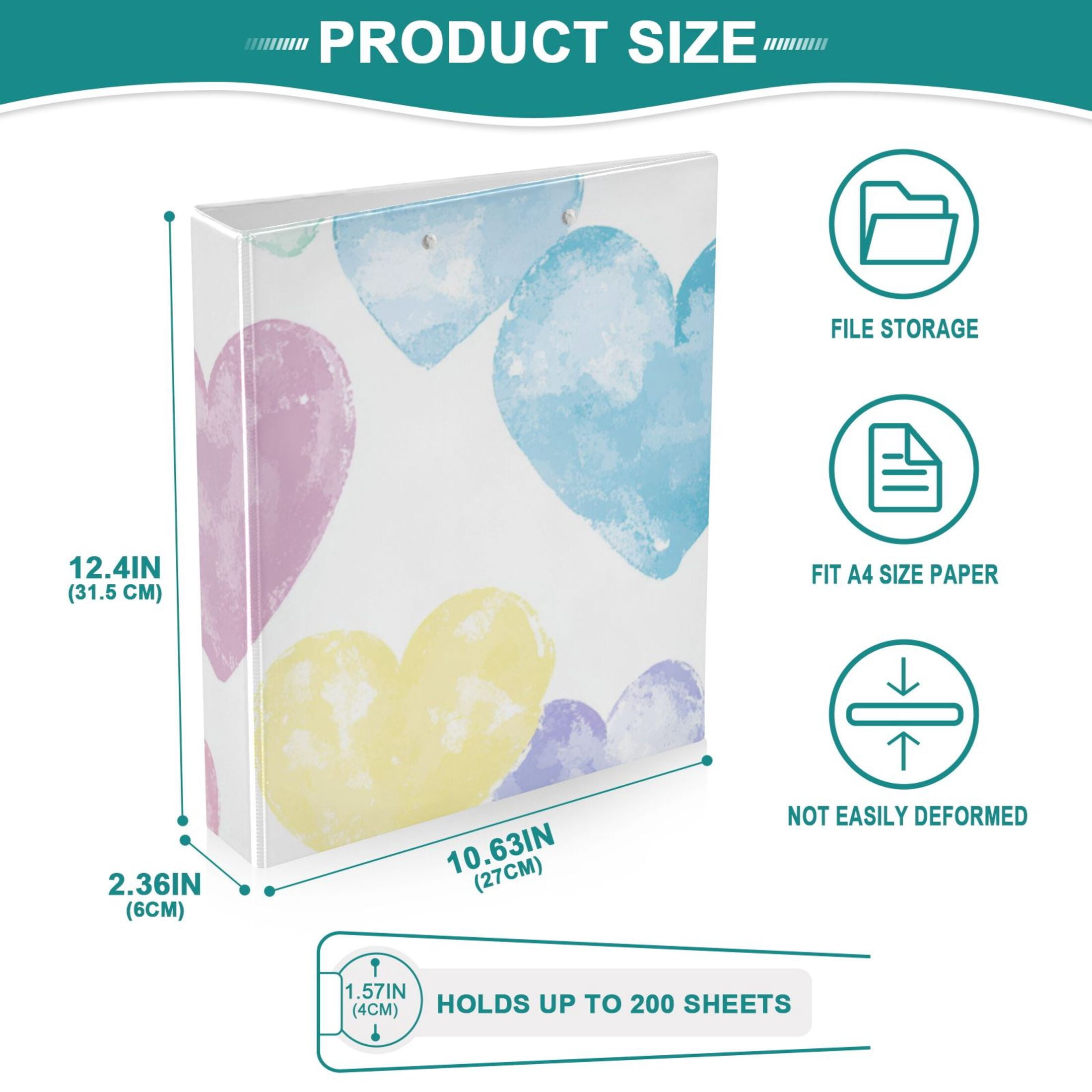 Colorful Hearts 3 Ring Binders 1.5 inch Hardcover File Folders with Interior Pockets A4 Size Organizer for School Office Hospital