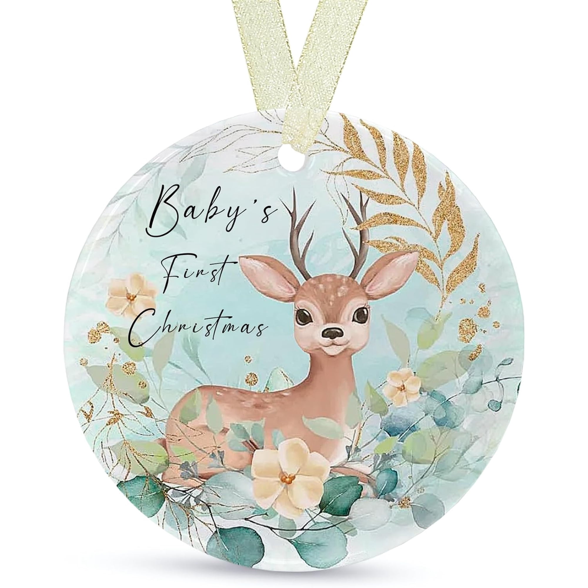 UCEI Baby's First Christmas Ceramic Ornament Round Woodland Fawn Keepsake Gift For New Parents With Ribbon