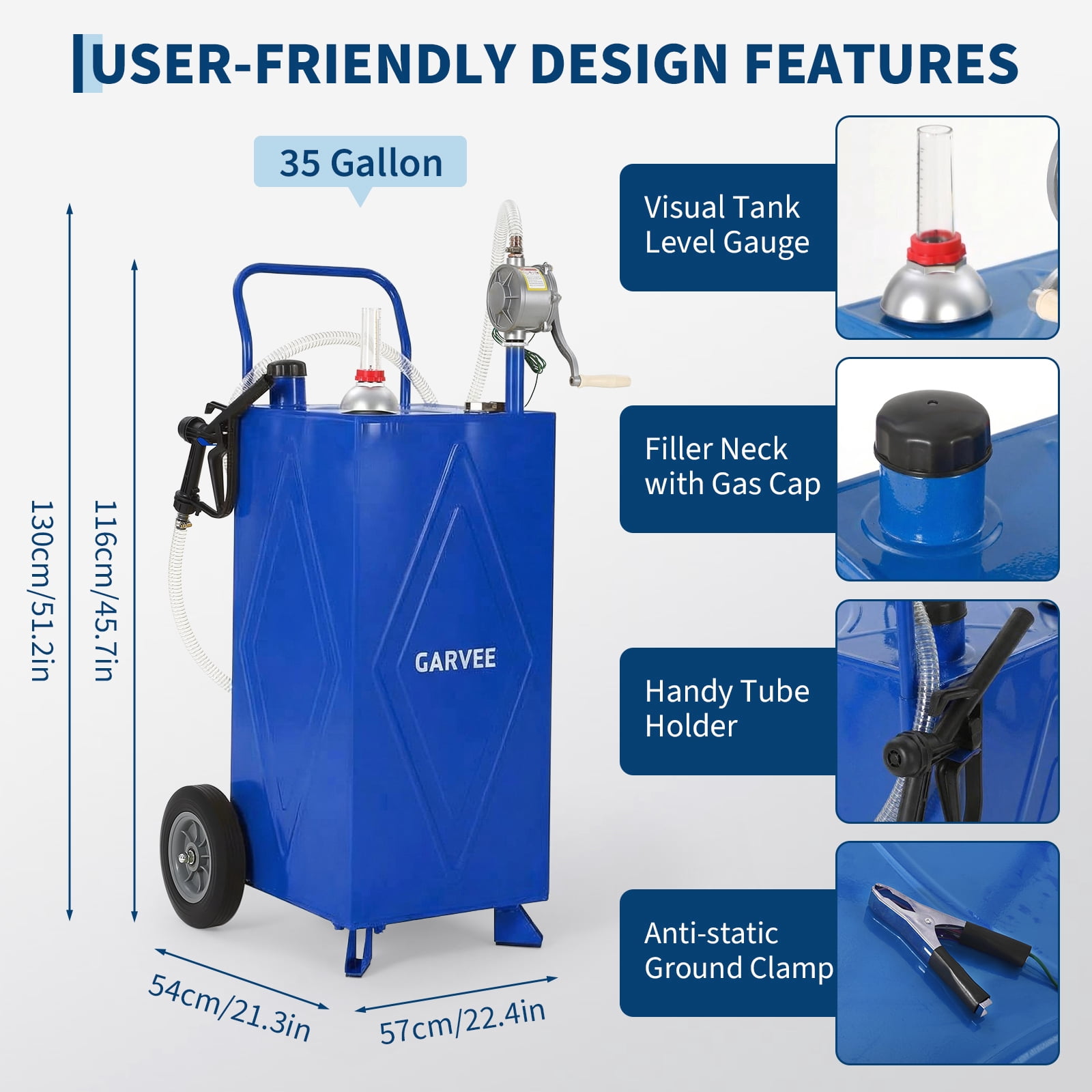 Garvee 35 Gallon Fuel Gas Caddy Storage Tank,Portable Fuel Transfer Tank with Smooth-Rolling Wheels, Manual Hand Crank Transfer Pump,Blue