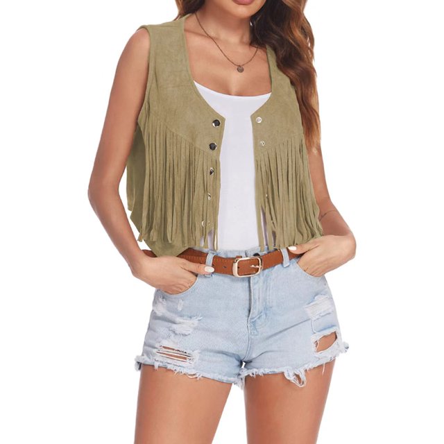 (Marrón M) Chaleco de mujer con borla remache chaqueta de moto casual estilo étnico ligero sin mangas ante sintético estilo hippie chaleco retro vaquera